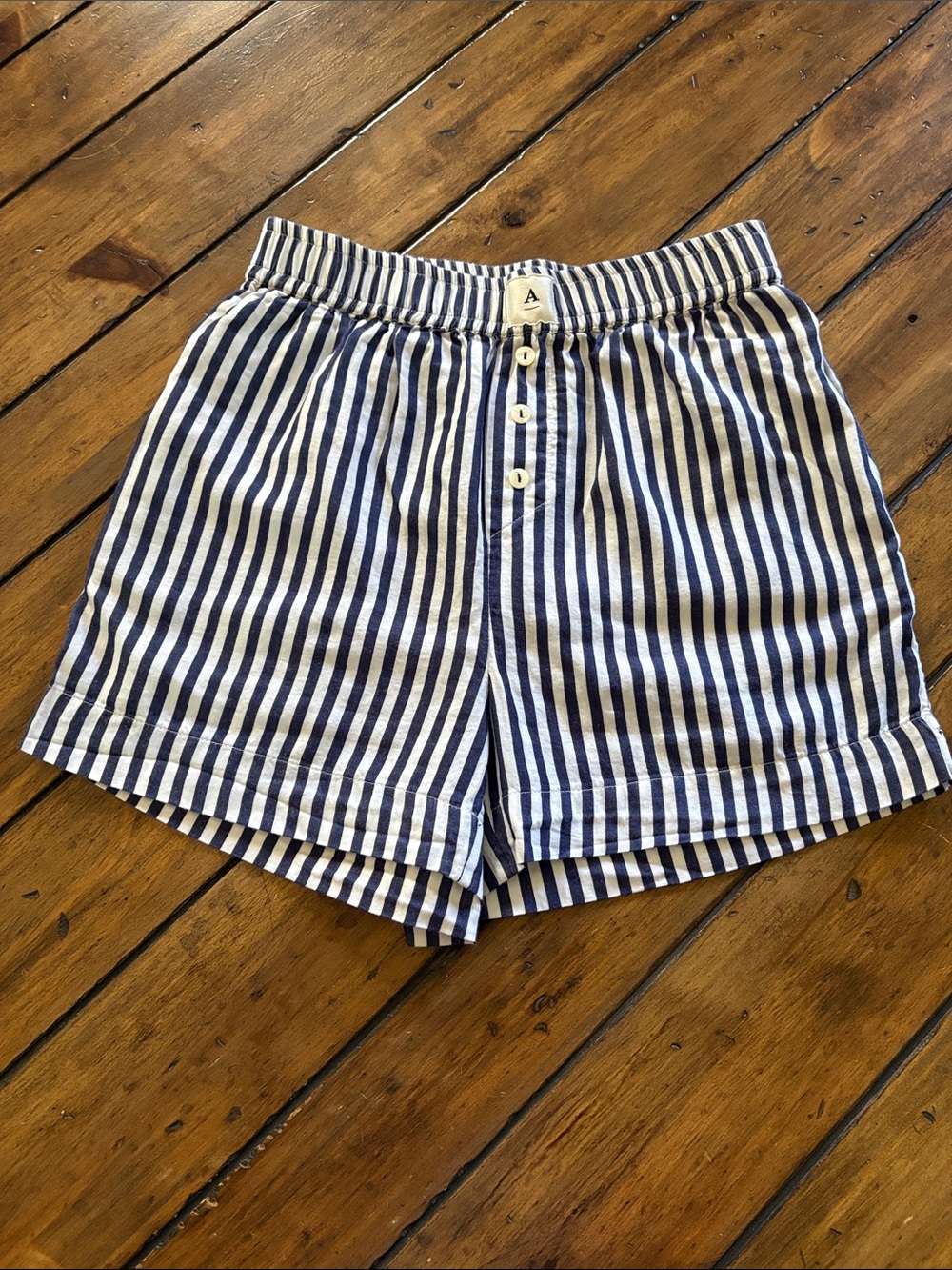 Anthropologie Navy and White Striped High-Waist Shorts